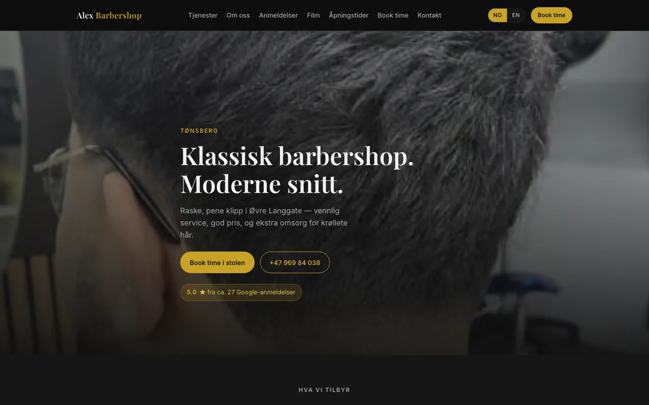Skjermbilde av Alex Barbershop-siden med overskriften Klassisk barbershop. Moderne snitt.