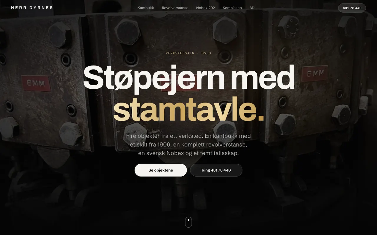 Skjermbilde av herrdyrnes.no med overskriften Støpejern med stamtavle