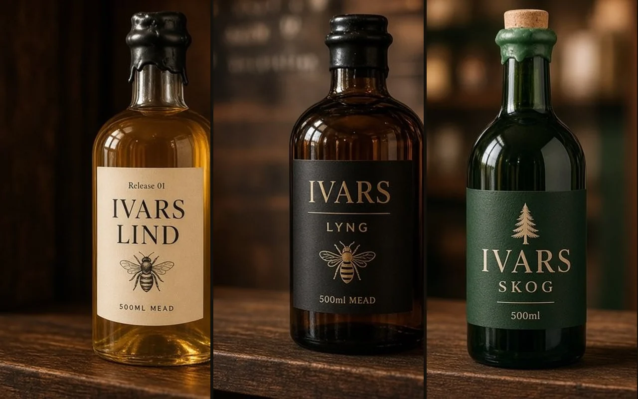 Tre mjødflasker: IVARS LIND, LYNG og SKOG