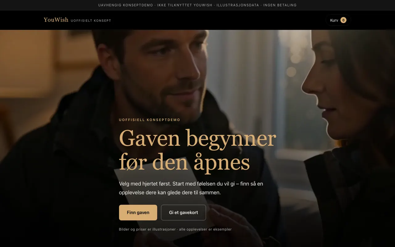 Skjermbilde av YouWish-konseptdemoen med overskriften Gaven begynner før den åpnes